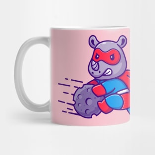 Cute Rhino Superhero Stopping Meteor Cartoon Mug